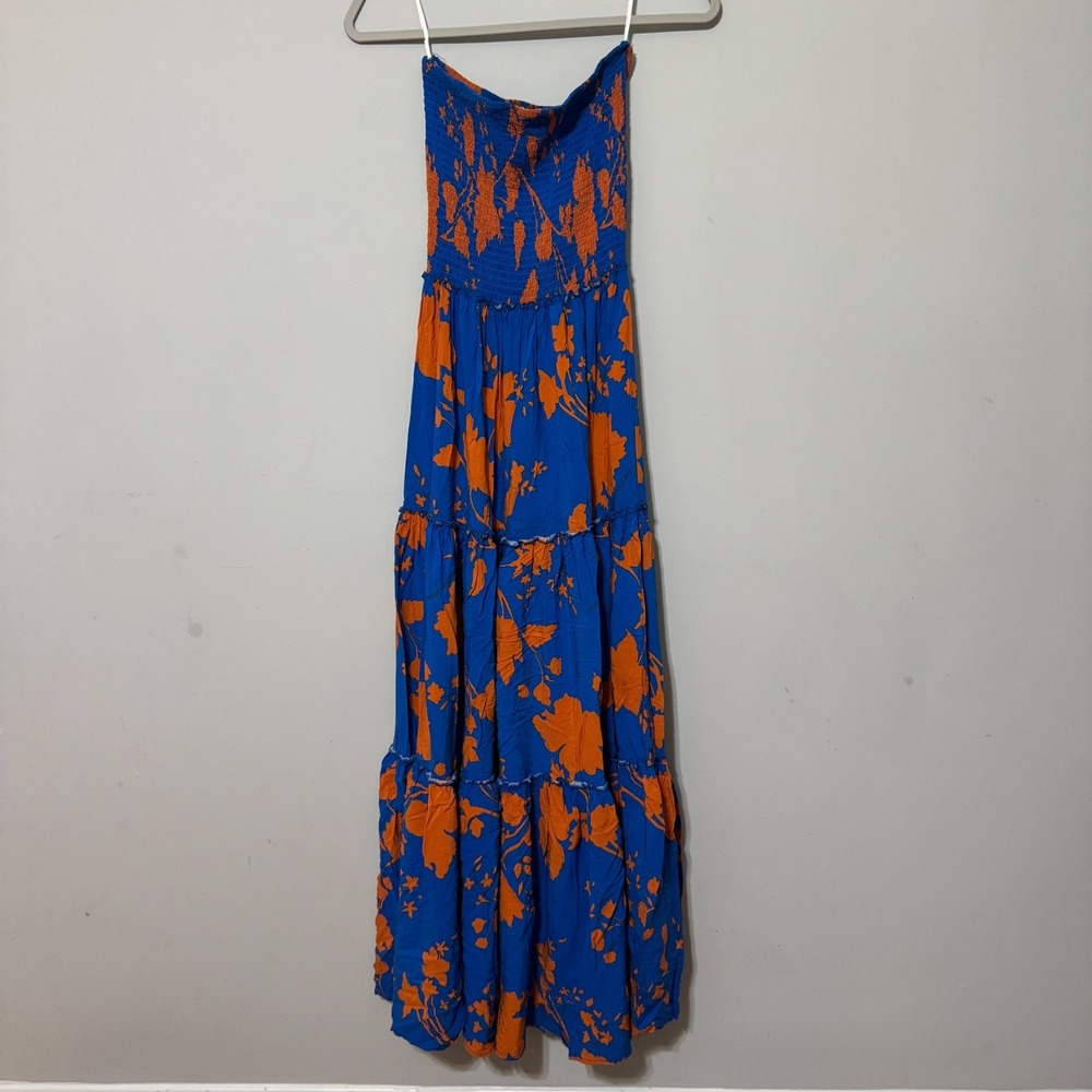 Abel The Label Floral Maxi Dress M Blue Orange Strapless Smocked Tropical Resort